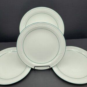 Corning Pyroceram Tableware White Dinner Plates Teal Bands Embossed Rim